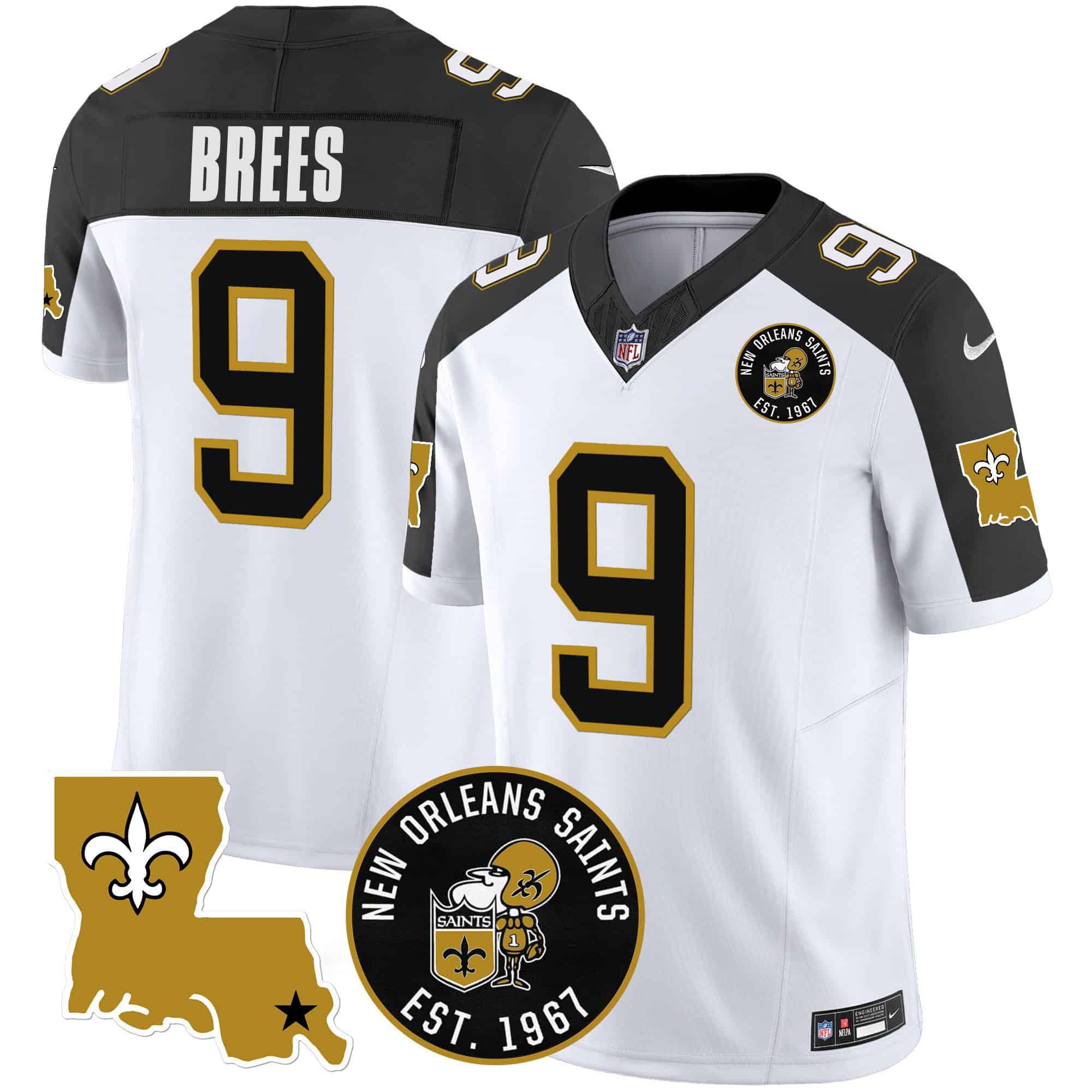 Men New Orleans Saints 9 Brees White 2024 Nike 1967 Patch Vapor Limited NFL Jersey style 1